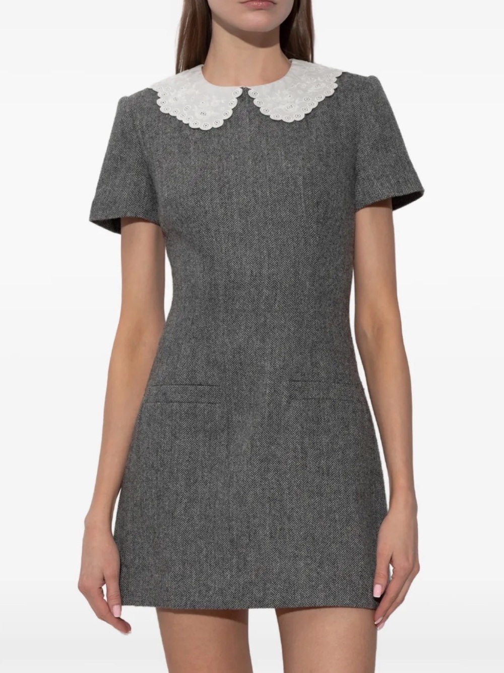 Self-Portrait Grey Herringbone Lace Collar Mini Dress FR 36 US 4 UK 8 Wool Blend